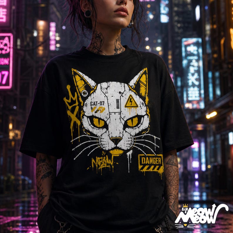 ロボット猫Tシャツ、サイバーパンクグラフィティメカグラフィックTシャツ、ストリートウェア猫好きシャツ 画像 1