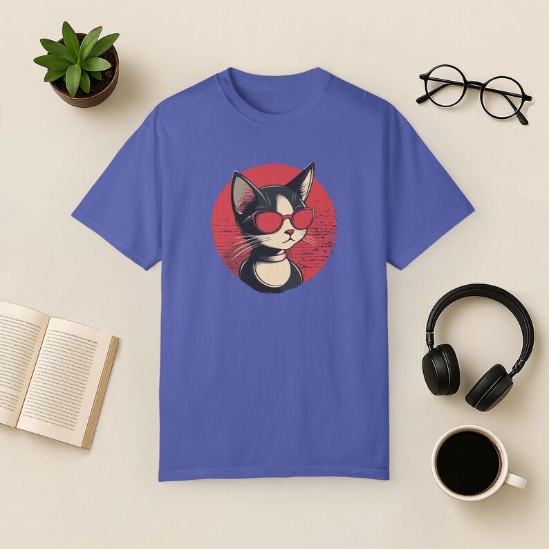 Cat Sunglasses T-Shirt, Retro Graphic Unisex Tee Periwinkle