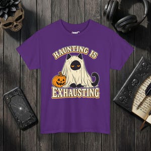 Funny Cat Ghost Shirt, Haunting Is Exhausting Halloween Tee, Retro Spooky Season Gift Purple