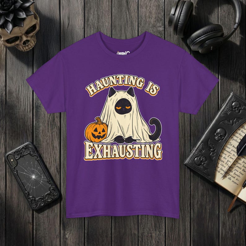 Funny Cat Ghost Shirt, Haunting Is Exhausting Halloween Tee, Retro Spooky Season Gift Purple