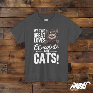 Chocolate and Cats T-Shirt: Playful Graphic Tee, Cat Lover Gift Dark Heather