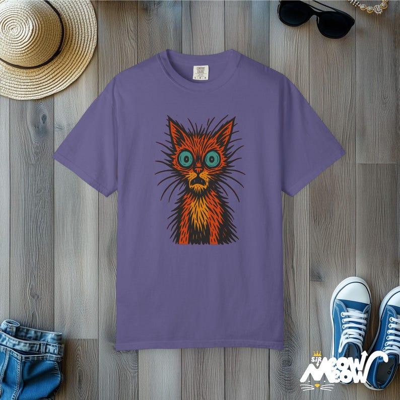 Retro Woodcut Cat T-Shirt: Scruffy Comfort Colors Tee Grape