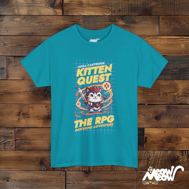 Kitten Quest RPG T-Shirt: Gamer Cat Tee, Pawsome Adventure Graphic Tropical Blue