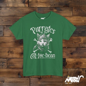 Cat Pirate T-Shirt: Purrates of the Cat-toe-bean Unisex Tee Turf Green