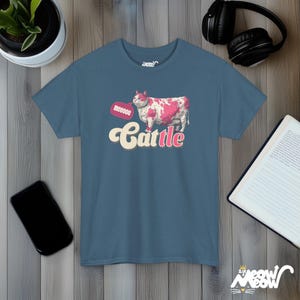 Cattle Cat T-Shirt, Funny Cow Print Cat Tee, Animal Lover Gift Indigo Blue