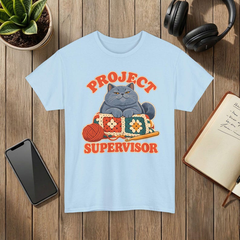 Project Supervisor Cat T-Shirt, Funny Crochet Shirt, Gift for Cat Lovers Light Blue