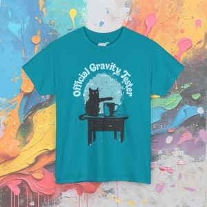Funny Cat Gravity Tester T-Shirt: Science Humor Gift Tropical Blue