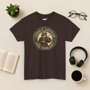 Vintage Fiddle Cat T-Shirt, Funny Violinist Tee Dark Chocolate
