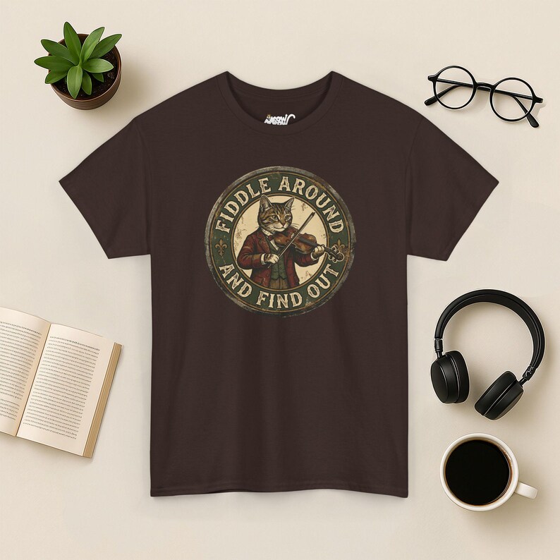 Vintage Fiddle Cat T-Shirt, Funny Violinist Tee Dark Chocolate