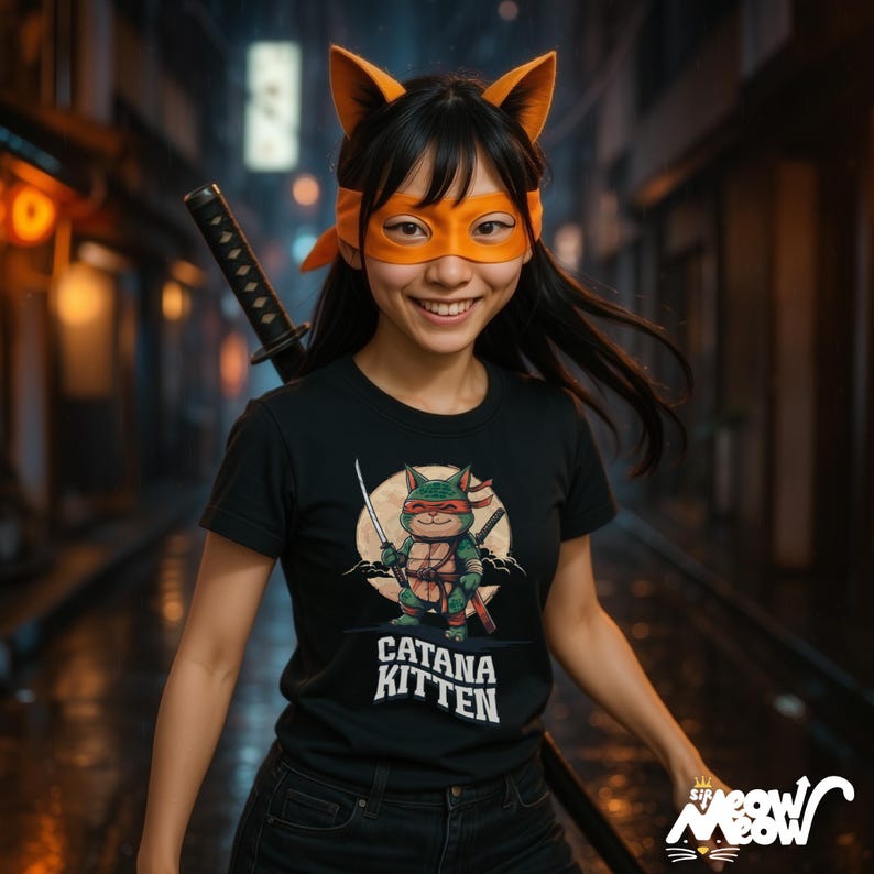 May include: A person wearing a black t-shirt with a cartoon cat graphic holding a sword, with the text "CATANA KITTEN". The person is also wearing an orange mask and headband with cat ears, and a katana sword is visible.