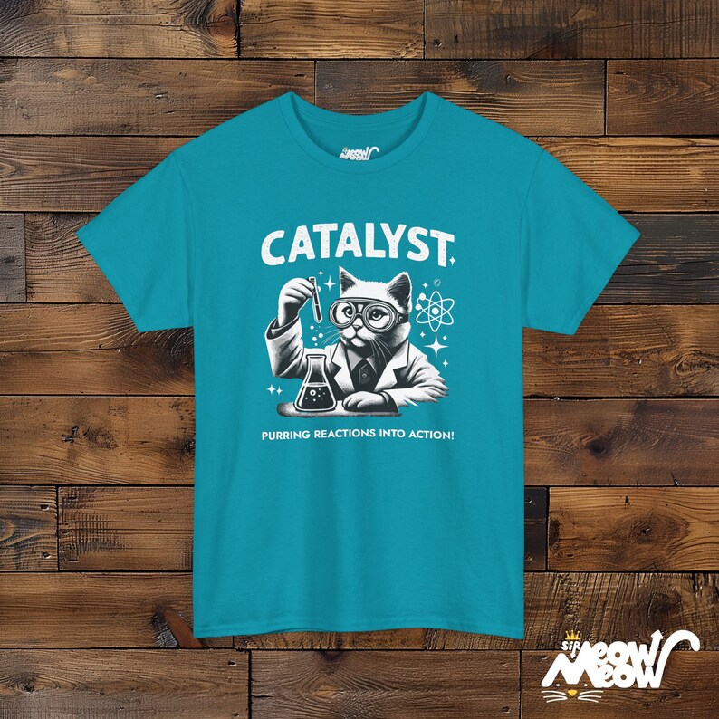 Funny Cat Scientist T-Shirt: Catalyst Unisex Tee, Science Lover Gift Tropical Blue