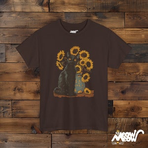 Van Gogh Sunflowers Black Cat T-Shirt | Famous Painting Unisex Shirt | Gift for Art Lovers Dark Chocolate