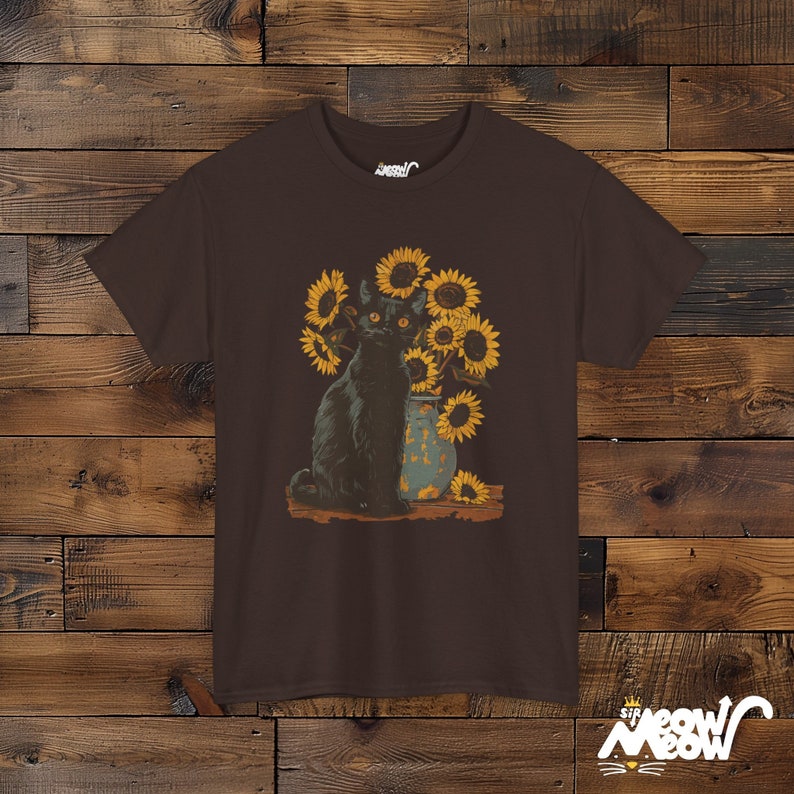 Van Gogh Sunflowers Black Cat T-Shirt | Famous Painting Unisex Shirt | Gift for Art Lovers Dark Chocolate