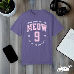 MEOW 9 Cat T-Shirt: Funny Comfort Colors Tee, Cat Lover Gift Grape