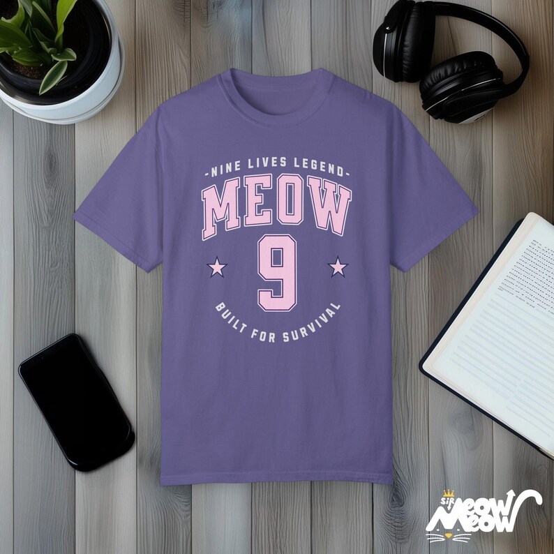 MEOW 9 Cat T-Shirt: Funny Comfort Colors Tee, Cat Lover Gift Grape