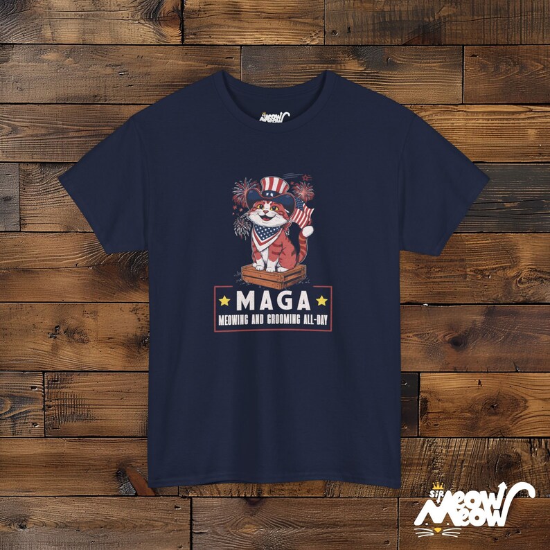 Patriotic Cat T-Shirt: Funny MAGA Meowing Design, Unisex Tee Navy