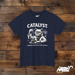Funny Cat Scientist T-Shirt: Catalyst Unisex Tee, Science Lover Gift Navy