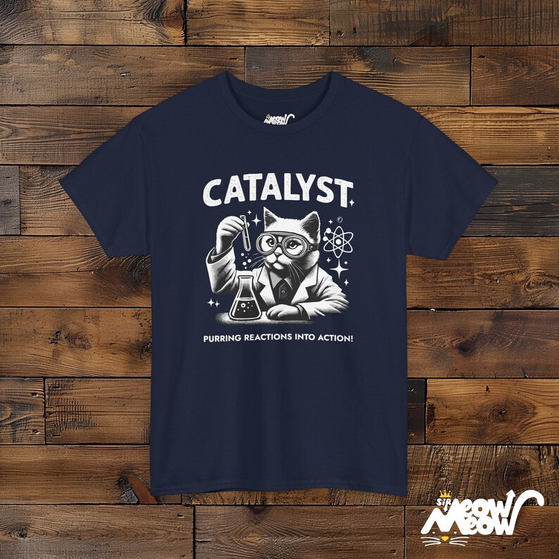 Funny Cat Scientist T-Shirt: Catalyst Unisex Tee, Science Lover Gift Navy