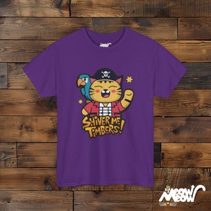 Pirate Cat Graphic T-Shirt, Shiver Me Timbers Tee Purple