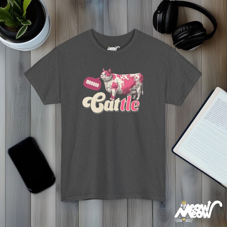 Cattle Cat T-Shirt, Funny Cow Print Cat Tee, Animal Lover Gift Dark Heather