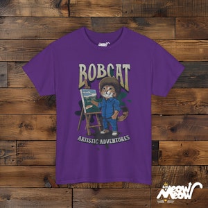 Funny Bobcat Artist T-Shirt: Cat Lover Painting Gift Purple