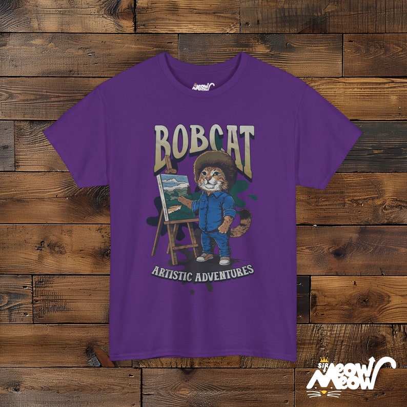 Funny Bobcat Artist T-Shirt: Cat Lover Painting Gift Purple