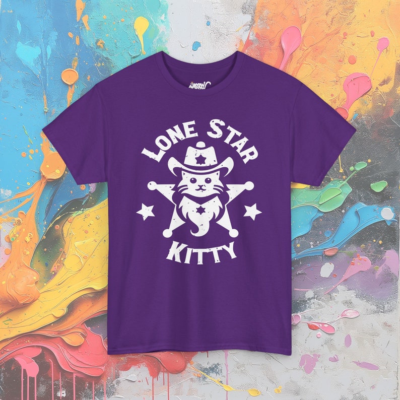 Kat T-shirt met Texas-thema, leuk katachtig grafisch T-shirt, casual westerse kleding, uniek cadeau voor huisdierenliefhebbers Purple