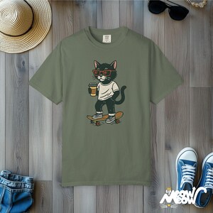 Skateboard Cat T-Shirt: Comfort Colors Streetwear Tee Moss
