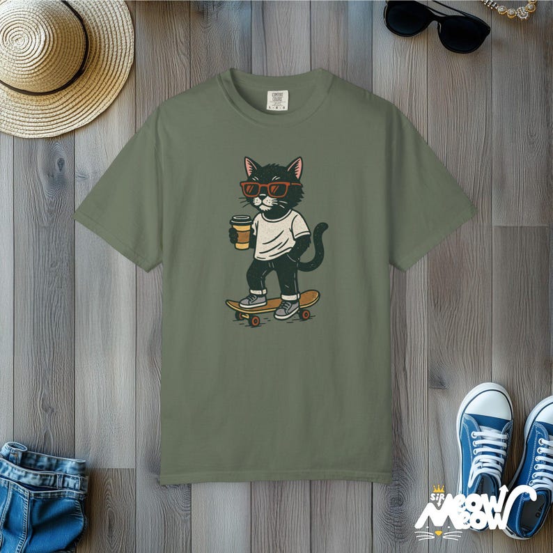Skateboard Cat T-Shirt: Comfort Colors Streetwear Tee Moss