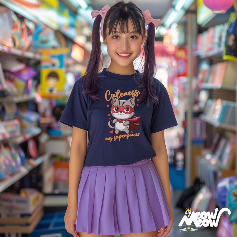 May include: A young person wearing a navy blue t-shirt with a cartoon cat graphic and the text "Cuteness my superpower". The person is also wearing a purple pleated skirt and has pink bows in their hair.