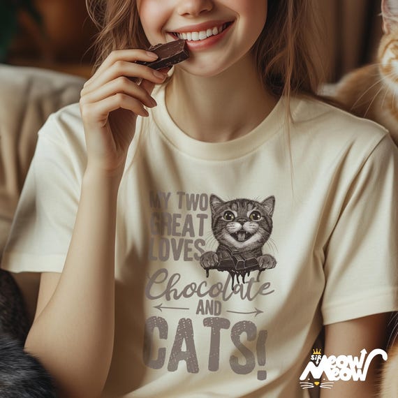 Chocolate and Cats T-Shirt: Playful Graphic Tee, Cat Lover Gift