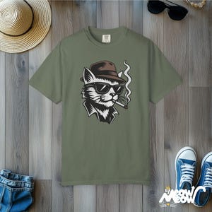 Cool Cat Fedora T-Shirt, Smoking Cat Lover Gift, Comfort Colors Unisex Tee Moss