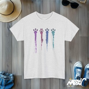 Colorful Paw Prints T-Shirt: Dripping Paint Splatter Cat Lover Tee Ash
