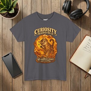 Curiosity Preserved the Cat T-Shirt, Funny Cat in Amber, Science Lover Gift Charcoal