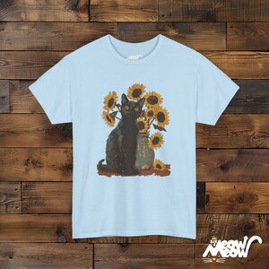 Van Gogh Sunflowers Black Cat T-Shirt | Famous Painting Unisex Shirt | Gift for Art Lovers Light Blue