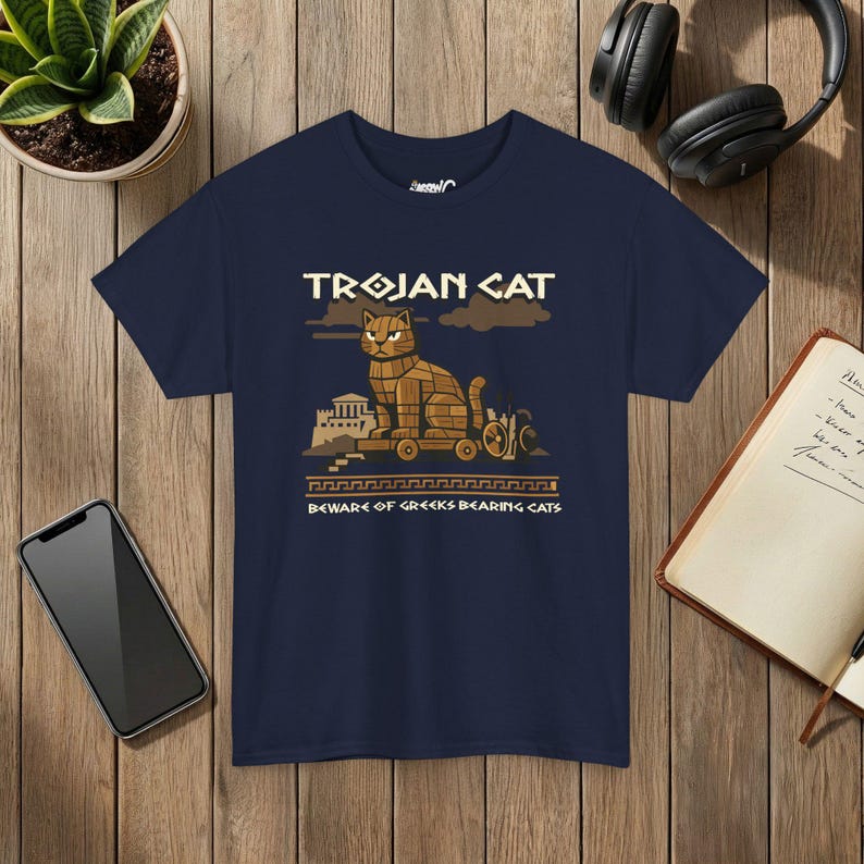 Trojan Cat Shirt, Funny Greek Mythology History Tee, Ancient Greece Cat Lover Gift Navy