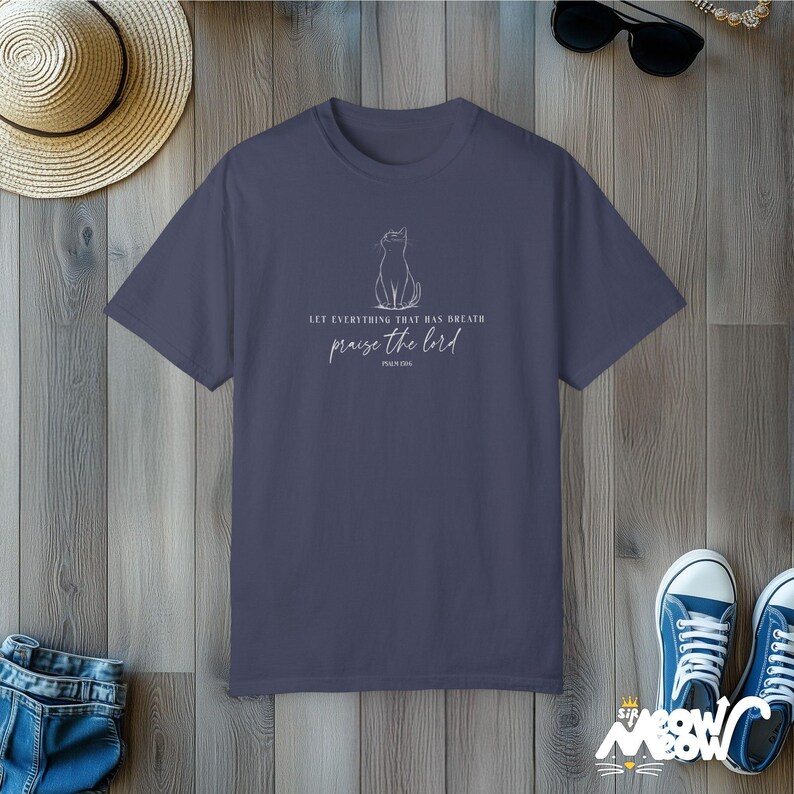 Comfort Colors Religious Cat Shirt | Praise the Lord Jesus Shirt Tee | Bible Verse Faith T-Shirt Denim