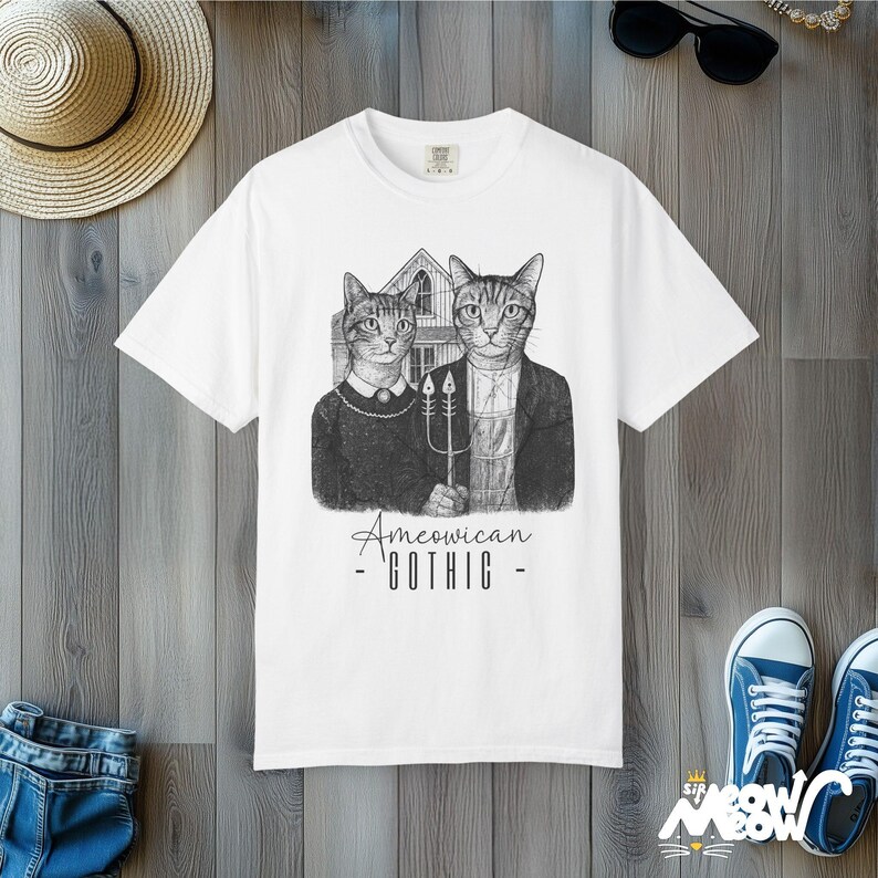 Ameowican Gothic Cat T-Shirt: Funny Art Parody Comfort Colors Tee White
