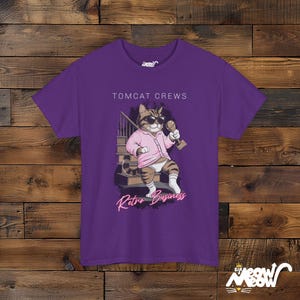 Funny Retro Cat T-Shirt: 80s Movie Design, Gift for Cat Lovers Purple