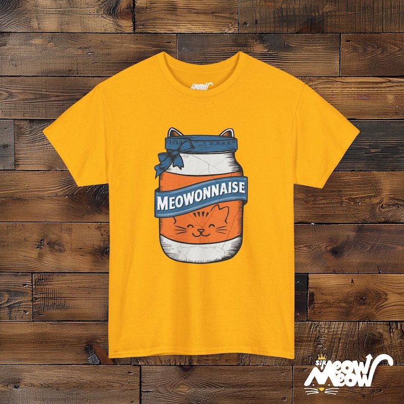 Meowonnaise T-Shirt: Funny Cat Mayonnaise Jar Unisex Tee Gold