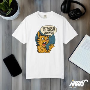 Retro Comic Cat T-Shirt: Comfort Colors Peace Graphic Tee White