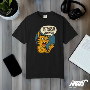 Retro Comic Cat T-Shirt: Comfort Colors Peace Graphic Tee Black