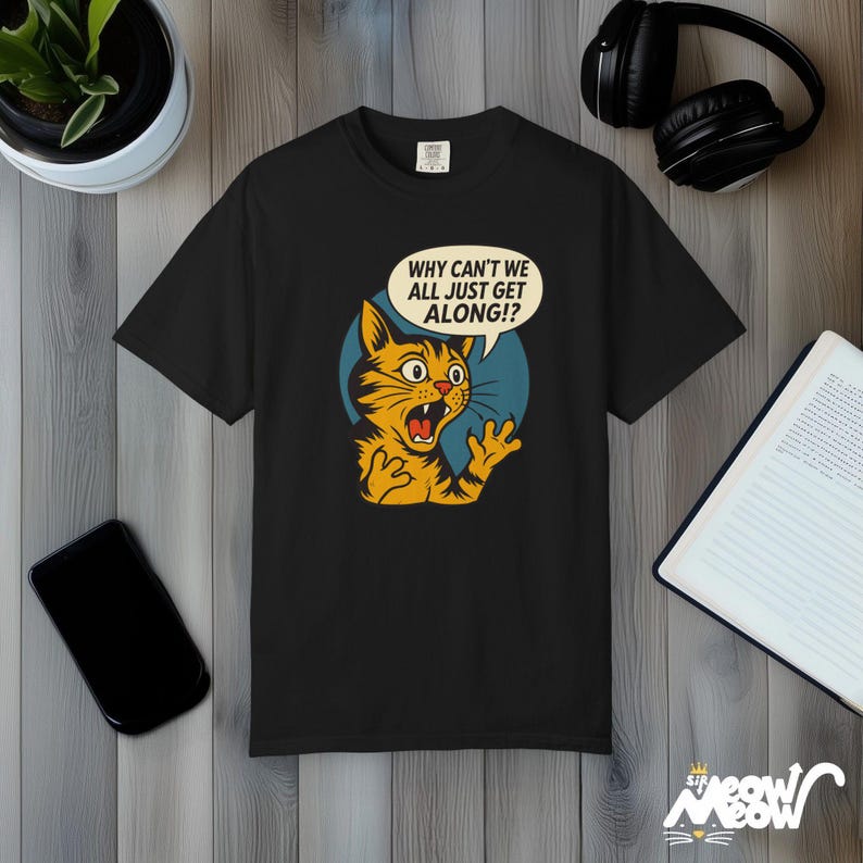 Retro Comic Cat T-Shirt: Comfort Colors Peace Graphic Tee Black