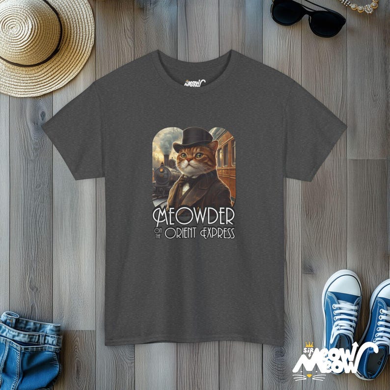 Meowder on the Orient Express Cat T-Shirt: Funny Detective Design Dark Heather