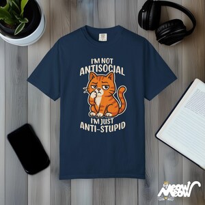 Comfort Colors Anti-Stupid Cat Shirt: Sarcastic Humor Tee True Navy