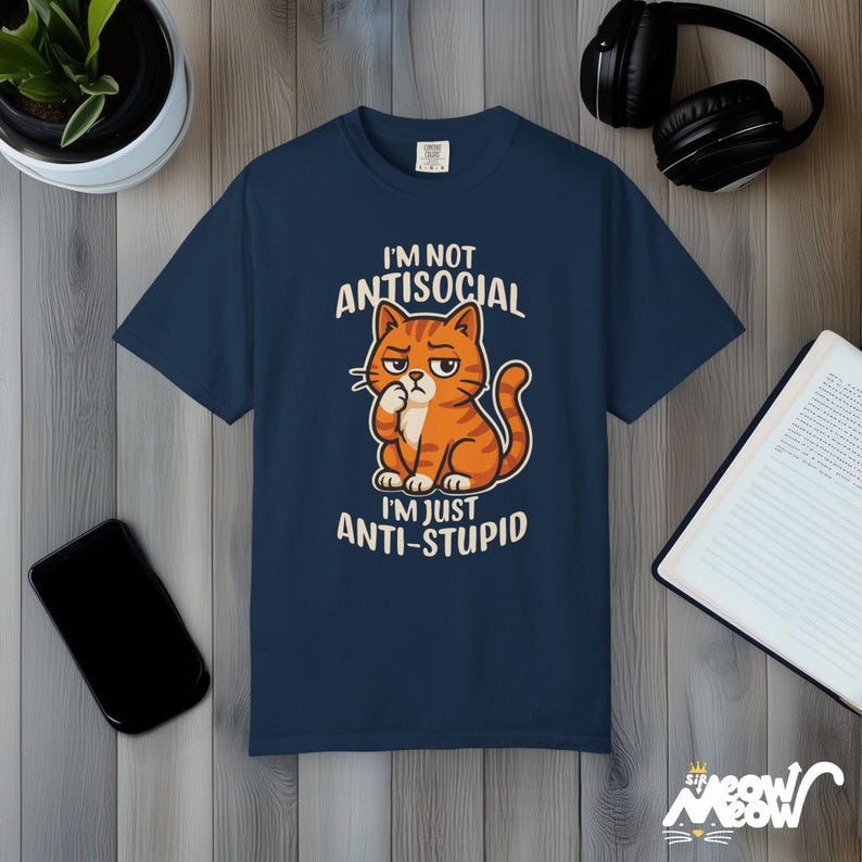 Comfort Colors Anti-Stupid Cat Shirt: Sarcastic Humor Tee True Navy