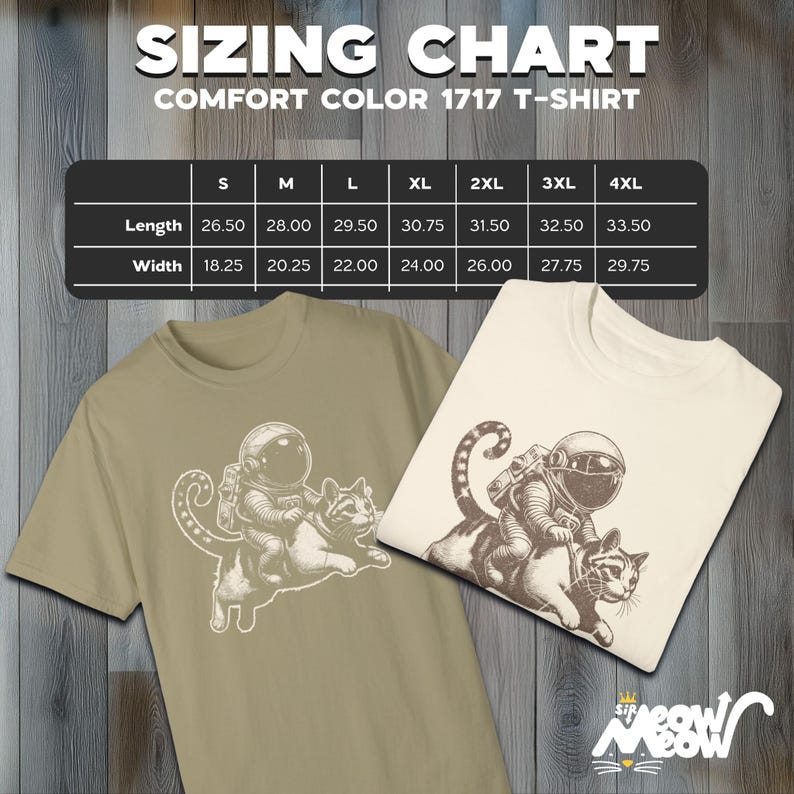 Comfort Colors 1717 unisex T-shirt size chart. with a humorous white graphic of an astronaut riding atop a playful cat, combining outer space and cat lover themes.