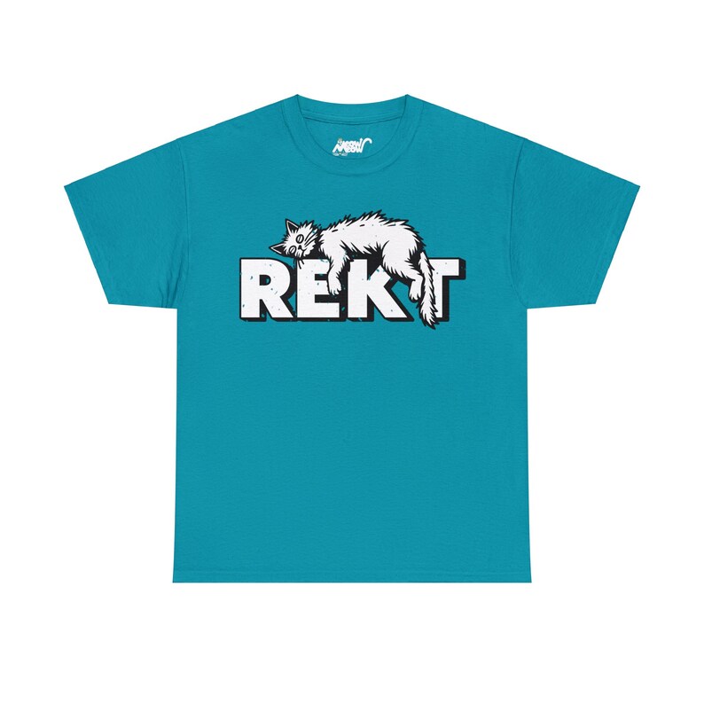 Tropical Blue unisex T-shirt featuring humorous white “REKT” text topped with an illustration of an exhausted cat lying sprawled out, capturing gamer and meme culture vibes.