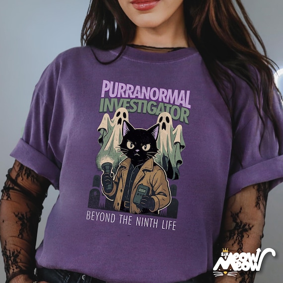 Purranormal Investigator T-Shirt Comfort Colors, Comic-Style Ghost Hunter Cat Tee, Beyond the Ninth Life