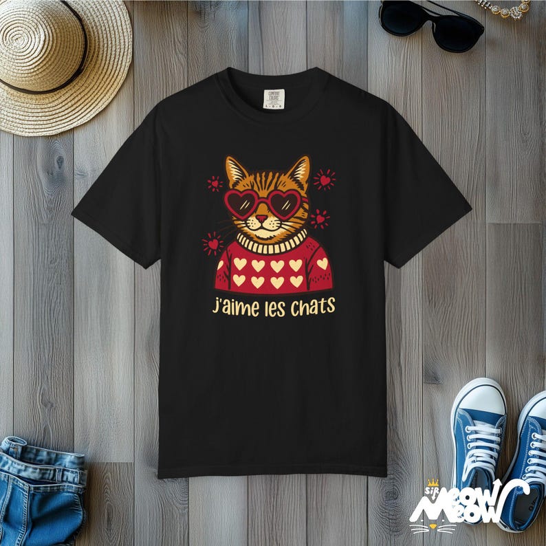 J'aime les Chats T-Shirt: Retro French Cat Lover Comfort Colors Tee Black